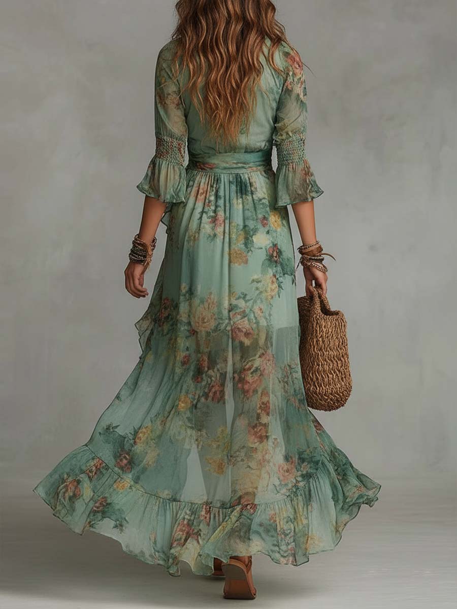 Kim | Romantic Floral Asymmetric Maxi Dress