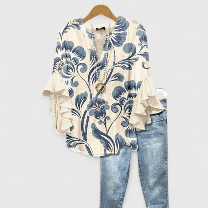 Corinne | Ruffle Sleeve Printed Statement Blouse