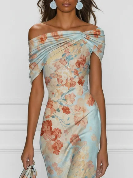 Vicky | Blue Floral Off-Shoulder Midi Dress