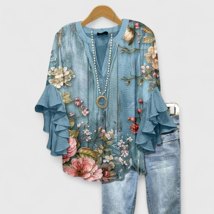 Corinne | Ruffle Sleeve Printed Statement Blouse