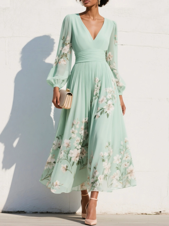 Andrea | Mint Floral Pleated Maxi Dress