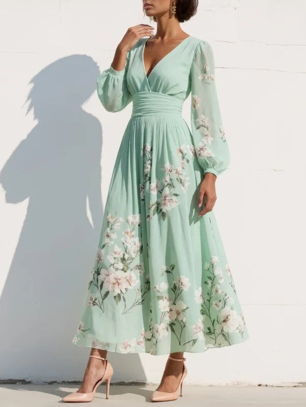 Andrea | Mint Floral Pleated Maxi Dress
