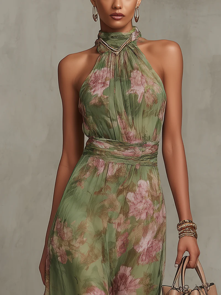 Aria | Botanical Halter Neck Maxi Dress