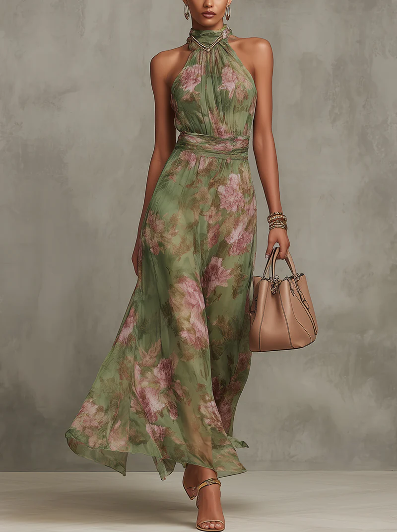 Aria | Botanical Halter Neck Maxi Dress