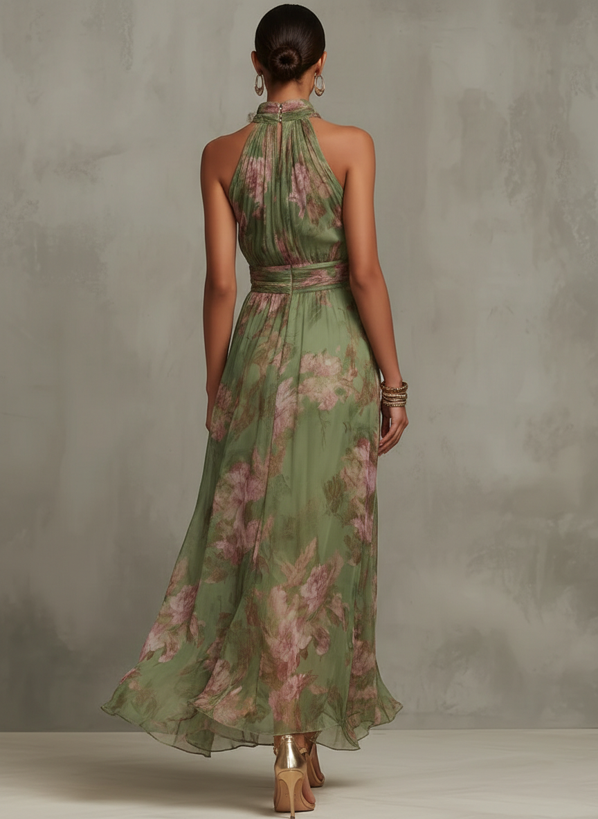Avery | Green Floral Halter Maxi Dress