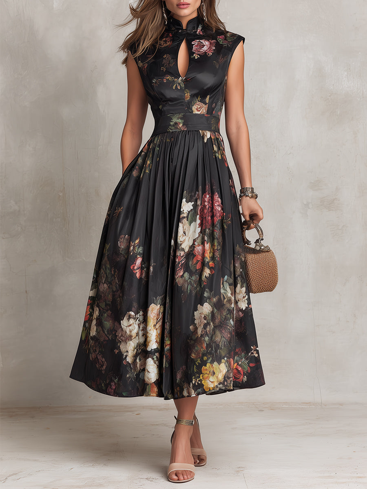 Gracy | Black Floral Keyhole Midi Dress