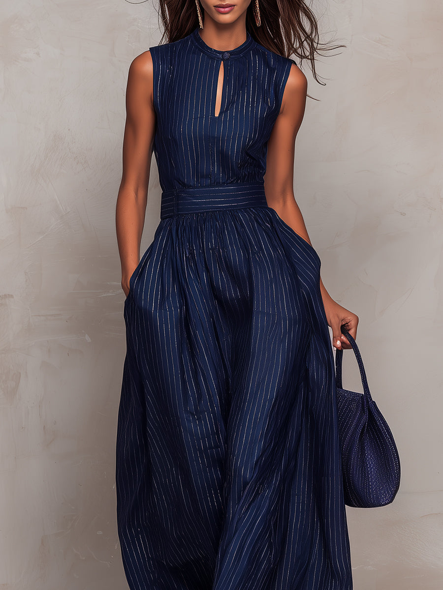 Anna | Navy Striped Keyhole Wide-Leg Jumpsuit