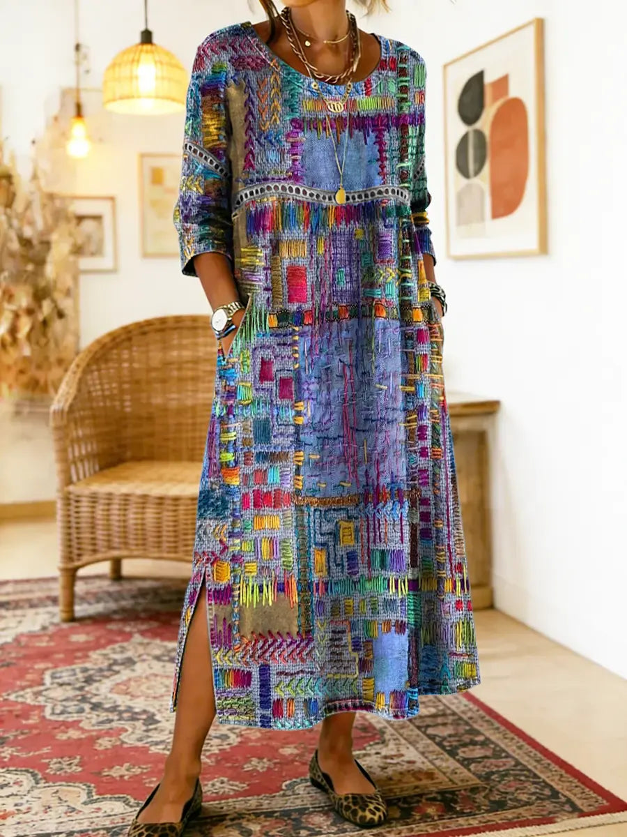 Luna | Flattering Boho Patchwork Midi Dress