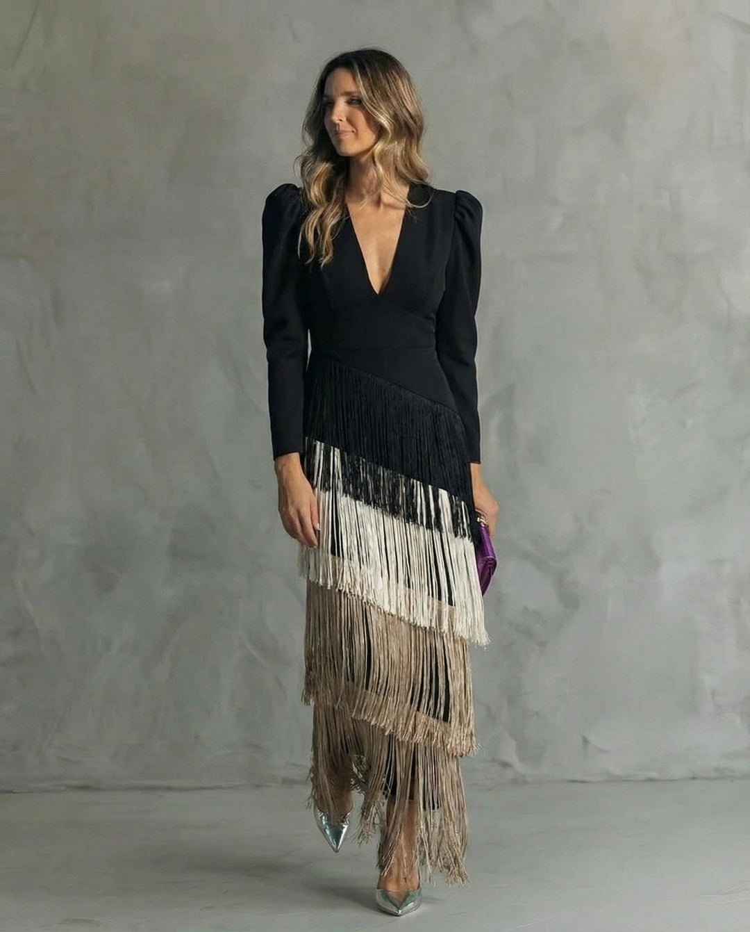 Vivienne | Elegant Fringe Sleeve Maxi Dress