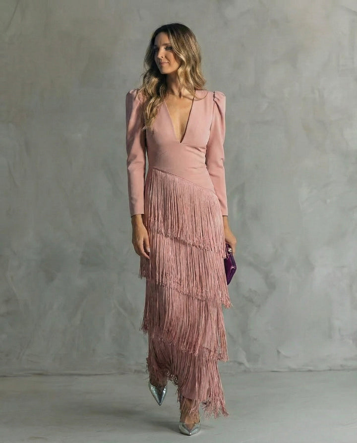 Vivienne | Elegant Fringe Sleeve Maxi Dress