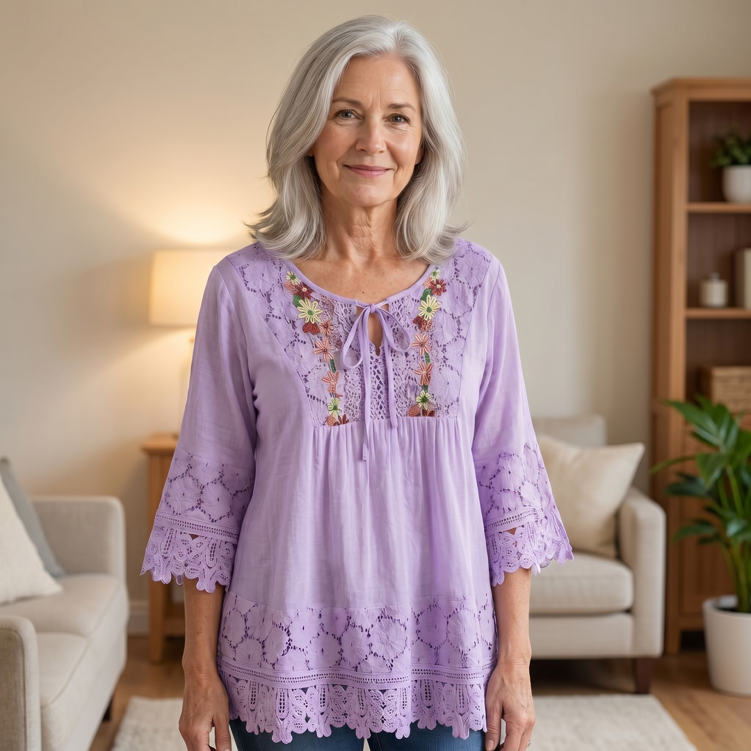 Marjorie | Embroidered Lace Trim Blouse